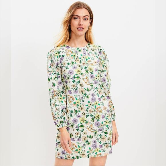 Loft Floral Linen-Blend Long Sleeve Shift Dress Sz.0 NWT - Picture 4 of 7
